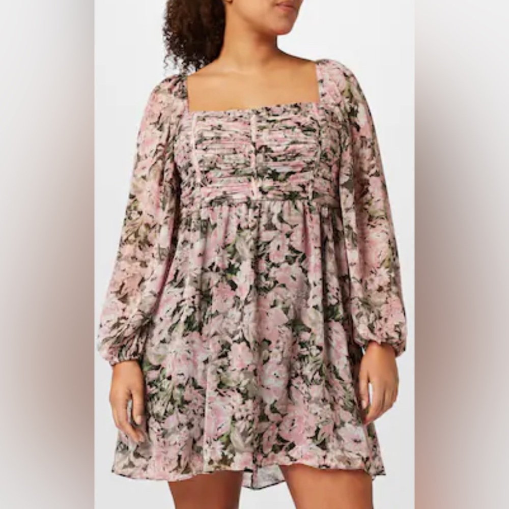 Ever New Pink Floral Square-Neck Long-Sleeve Mini Dress